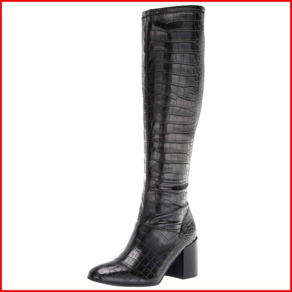 Knee High Heeled Boots Square Toe Wide Calf Zip Closure